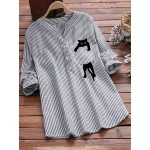 Cat & Stripe Print Button Front Blouse, Casual Notch Neck Long Sleeve Blouse For Spring & Fall, Women's Clothing