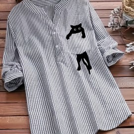 Cat & Stripe Print Button Front Blouse, Casual Notch Neck Long Sleeve Blouse For Spring & Fall, Women's Clothing