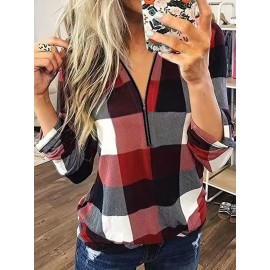 Plaid Print Zipper Blouse, Casual Rollable Sleeve Slim Blouse, Women's Clothing