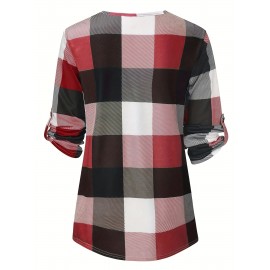 Plaid Print Zipper Blouse, Casual Rollable Sleeve Slim Blouse, Women's Clothing