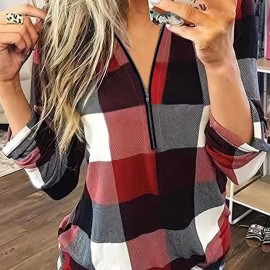 Plaid Print Zipper Blouse, Casual Rollable Sleeve Slim Blouse, Women's Clothing