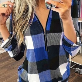 Plaid Print Zipper Blouse, Casual Rollable Sleeve Slim Blouse, Women's Clothing