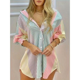 Colorful Striped Print Shirt, Elegant Button Front Collar Random Printing Shirt, Women's Clothing