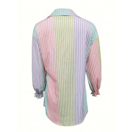 Colorful Striped Print Shirt, Elegant Button Front Collar Random Printing Shirt, Women's Clothing