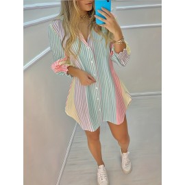 Colorful Striped Print Shirt, Elegant Button Front Collar Random Printing Shirt, Women's Clothing