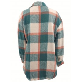 Plaid Pattern Flap Pockets Jacket, Vintage Drop Shoulder Single Breasted Outwear For Fall & Winter, Women's Clothing