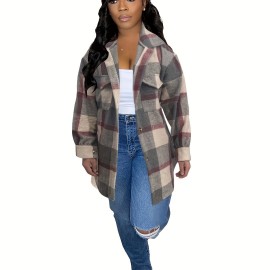 Plaid Pattern Flap Pockets Jacket, Vintage Drop Shoulder Single Breasted Outwear For Fall & Winter, Women's Clothing