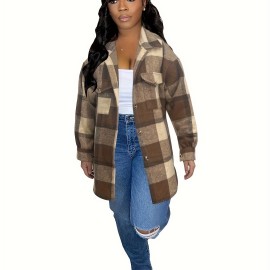 Plaid Pattern Flap Pockets Jacket, Vintage Drop Shoulder Single Breasted Outwear For Fall & Winter, Women's Clothing