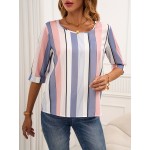 Color Block Striped Blouse, Casual Crew Neck Half Sleeve Blouse, Women's Clothing