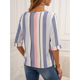 Color Block Striped Blouse, Casual Crew Neck Half Sleeve Blouse, Women's Clothing