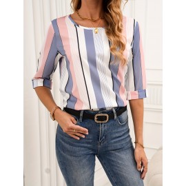 Color Block Striped Blouse, Casual Crew Neck Half Sleeve Blouse, Women's Clothing