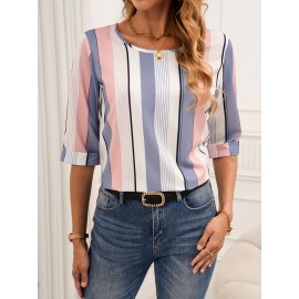 Color Block Striped Blouse, Casual Crew Neck Half Sleeve Blouse, Women's Clothing