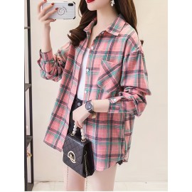 Plaid Pocket Drop Shoulder Shirt, Button Long Sleeve Shirt, Casual Every Day Tops, Women's Clothing