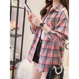 Plaid Pocket Drop Shoulder Shirt, Button Long Sleeve Shirt, Casual Every Day Tops, Women's Clothing