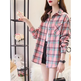 Plaid Pocket Drop Shoulder Shirt, Button Long Sleeve Shirt, Casual Every Day Tops, Women's Clothing