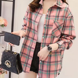 Plaid Pocket Drop Shoulder Shirt, Button Long Sleeve Shirt, Casual Every Day Tops, Women's Clothing