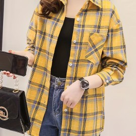 Plaid Pocket Drop Shoulder Shirt, Button Long Sleeve Shirt, Casual Every Day Tops, Women's Clothing