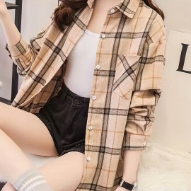 Plaid Pocket Drop Shoulder Shirt, Button Long Sleeve Shirt, Casual Every Day Tops, Women's Clothing