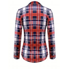 Plaid Print Drawstring Blouse, Casual Long Sleeve V Neck Blouse, Women's Clothing