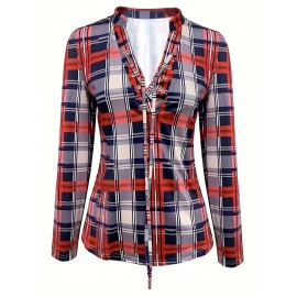 Plaid Print Drawstring Blouse, Casual Long Sleeve V Neck Blouse, Women's Clothing