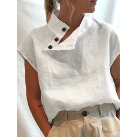 Minimalist Buttoned Loose Blouse, Casual Short Sleeve Tops, Women's Clothing