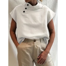 Minimalist Buttoned Loose Blouse, Casual Short Sleeve Tops, Women's Clothing