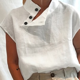 Minimalist Buttoned Loose Blouse, Casual Short Sleeve Tops, Women's Clothing