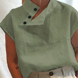 Minimalist Buttoned Loose Blouse, Casual Short Sleeve Tops, Women's Clothing