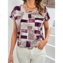 Geometric Print Blouse, Casual Crew Neck Short Sleeve Summer Blouse, Women's Clothing