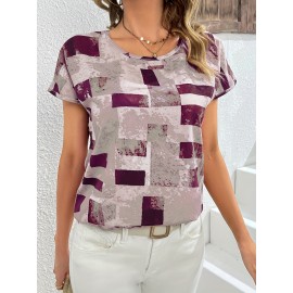 Geometric Print Blouse, Casual Crew Neck Short Sleeve Summer Blouse, Women's Clothing