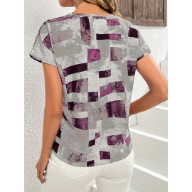 Geometric Print Blouse, Casual Crew Neck Short Sleeve Summer Blouse, Women's Clothing