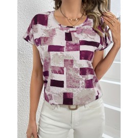 Geometric Print Blouse, Casual Crew Neck Short Sleeve Summer Blouse, Women's Clothing