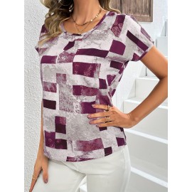 Geometric Print Blouse, Casual Crew Neck Short Sleeve Summer Blouse, Women's Clothing