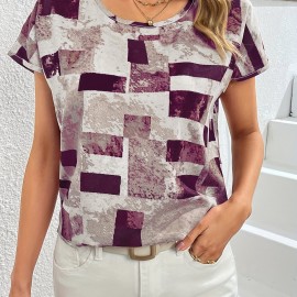 Geometric Print Blouse, Casual Crew Neck Short Sleeve Summer Blouse, Women's Clothing