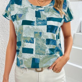 Geometric Print Blouse, Casual Crew Neck Short Sleeve Summer Blouse, Women's Clothing