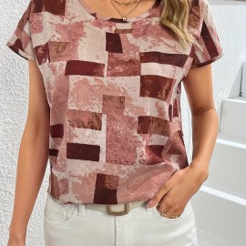 Geometric Print Blouse, Casual Crew Neck Short Sleeve Summer Blouse, Women's Clothing