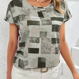 Geometric Print Blouse, Casual Crew Neck Short Sleeve Summer Blouse, Women's Clothing