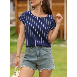 Striped Print Blouse, Casual Crew Neck Short Sleeve Simple Blouse, Women's Clothing