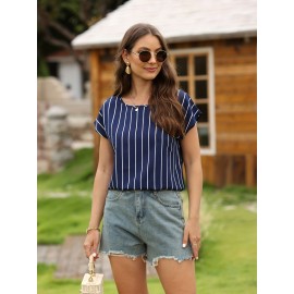 Striped Print Blouse, Casual Crew Neck Short Sleeve Simple Blouse, Women's Clothing