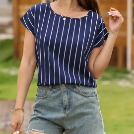 Striped Print Blouse, Casual Crew Neck Short Sleeve Simple Blouse, Women's Clothing