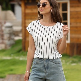 Striped Print Blouse, Casual Crew Neck Short Sleeve Simple Blouse, Women's Clothing