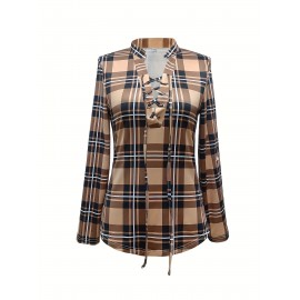 Plaid Print Tie Front Blouse, Casual Long Sleeve Blouse For Spring & Fall, Women's Clothing