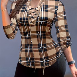 Plaid Print Tie Front Blouse, Casual Long Sleeve Blouse For Spring & Fall, Women's Clothing