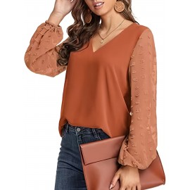 Swiss Dot Sleeve Shirt, Casual V Neck Solid Shirt For Spring & Fall, Women's Clothing