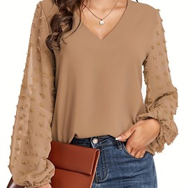 Swiss Dot Sleeve Shirt, Casual V Neck Solid Shirt For Spring & Fall, Women's Clothing