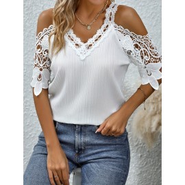 Contrast Lace Cold Shoulder Blouse, Elegant V Neck Solid Short Sleeve Blouse, Women's Clothing