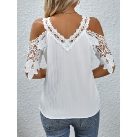 Contrast Lace Cold Shoulder Blouse, Elegant V Neck Solid Short Sleeve Blouse, Women's Clothing