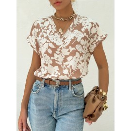 V Neck Floral Print Blouse, Casual Short Sleeve Blouse For Spring & Summer, Women's Clothing