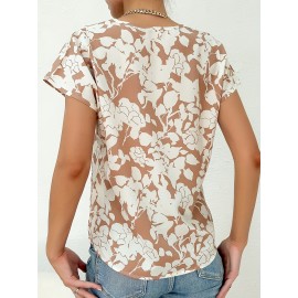 V Neck Floral Print Blouse, Casual Short Sleeve Blouse For Spring & Summer, Women's Clothing