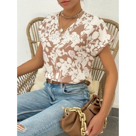 V Neck Floral Print Blouse, Casual Short Sleeve Blouse For Spring & Summer, Women's Clothing